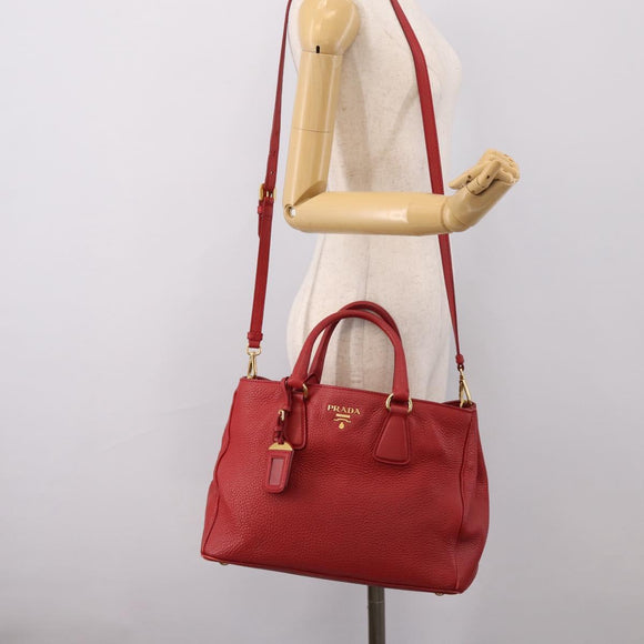 PRADA Hand Bag Leather 2way Red Gold Auth 209282A