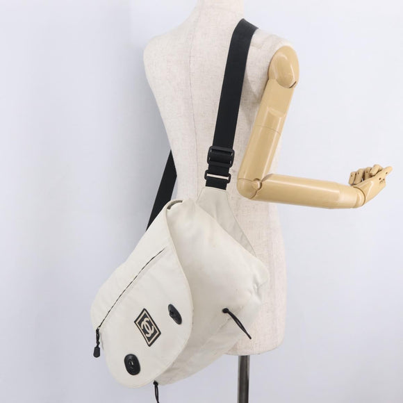 CHANEL Sports Line Shoulder Bag Nylon White Silver CC Auth 209311