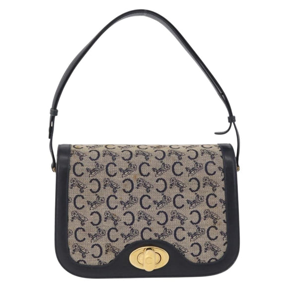 CELINE C Macadam Canvas Shoulder Bag Navy Gold Auth 209321