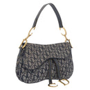 Christian Dior Trotter Canvas Double Saddle Shoulder Bag Navy Gold Auth 209322M-1