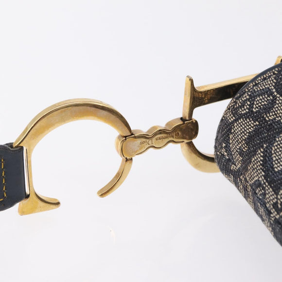 Christian Dior Trotter Canvas Double Saddle Shoulder Bag Navy Gold Auth 209322M