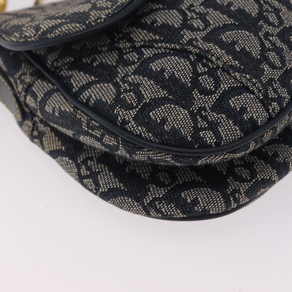 Christian Dior Trotter Canvas Double Saddle Shoulder Bag Navy Gold Auth 209322M