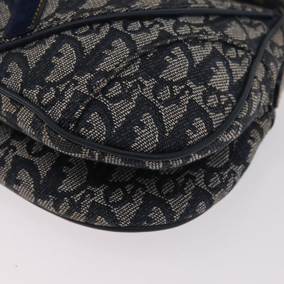 Christian Dior Trotter Canvas Double Saddle Shoulder Bag Navy Gold Auth 209322M