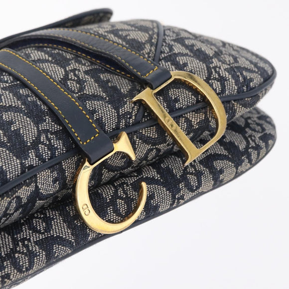 Christian Dior Trotter Canvas Double Saddle Shoulder Bag Navy Gold Auth 209322M