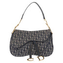 Christian Dior Trotter Canvas Double Saddle Shoulder Bag Navy Gold Auth 209322M-2