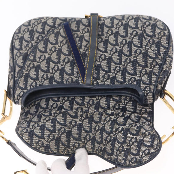 Christian Dior Trotter Canvas Double Saddle Shoulder Bag Navy Gold Auth 209322M