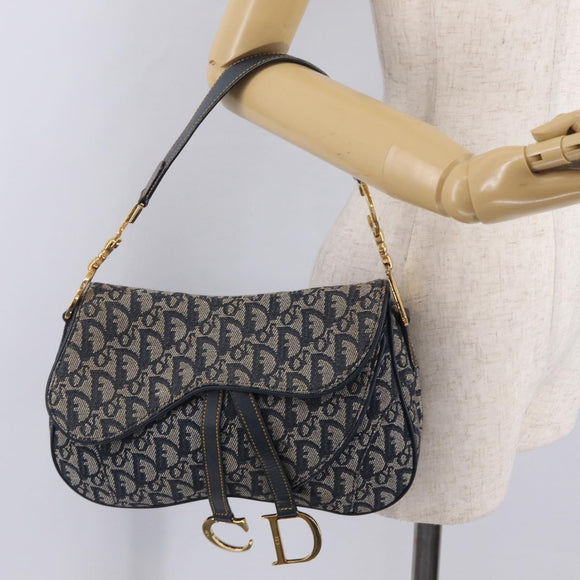 Christian Dior Trotter Canvas Double Saddle Shoulder Bag Navy Gold Auth 209322M