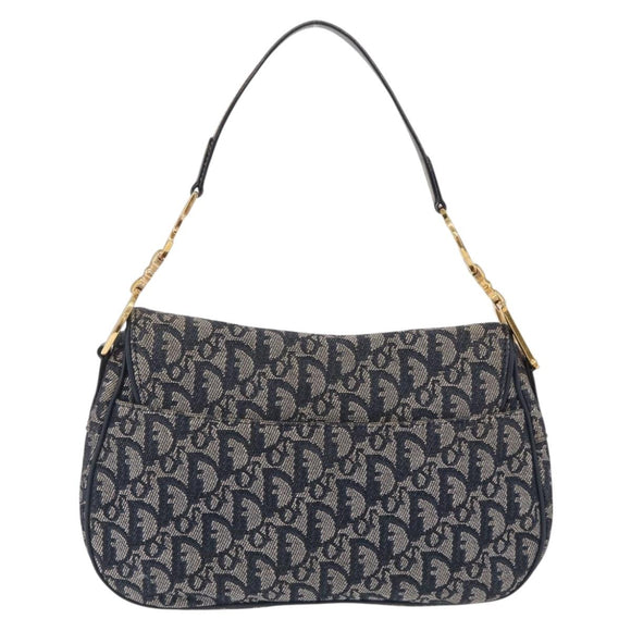 Christian Dior Trotter Canvas Double Saddle Shoulder Bag Navy Gold Auth 209322M