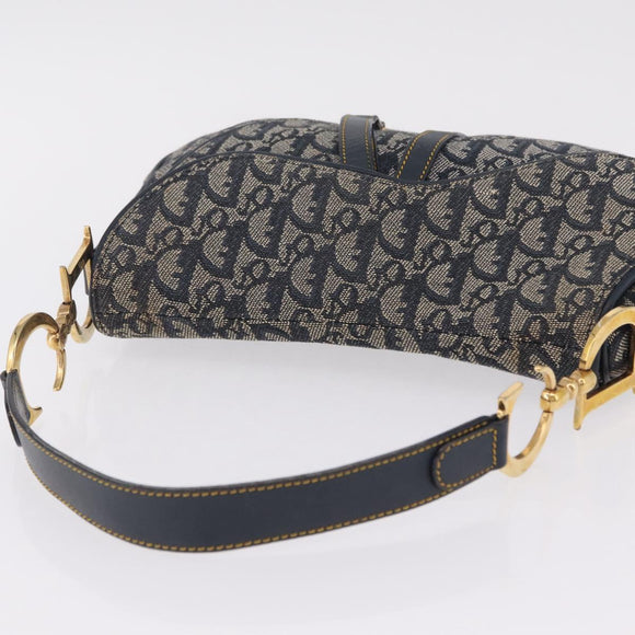 Christian Dior Trotter Canvas Double Saddle Shoulder Bag Navy Gold Auth 209322M
