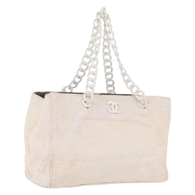CHANEL Chain Tote Bag Canvas White Gold CC Auth 209331