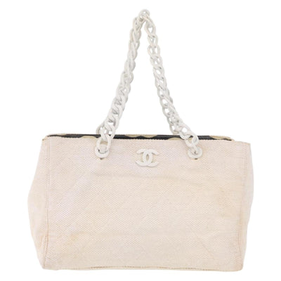 CHANEL Chain Tote Bag Canvas White Gold CC Auth 209331 - 0