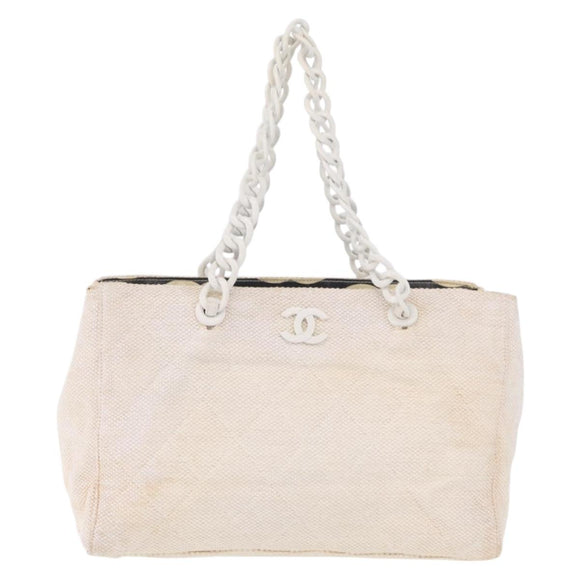 CHANEL Chain Tote Bag Canvas White Gold CC Auth 209331