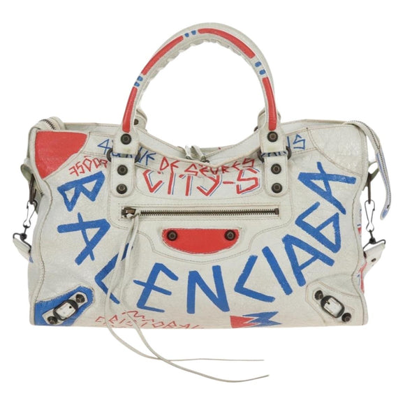Balenciaga Graffiti Classic City Hand Bag Leather 2way White 505550 Auth 209335V