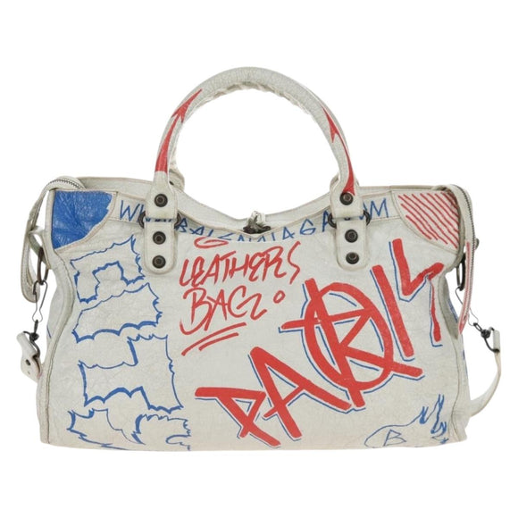 Balenciaga Graffiti Classic City Hand Bag Leather 2way White 505550 Auth 209335V