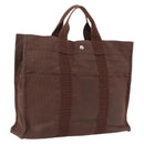 HERMES Her Line MM Hand Bag Canvas Brown Silver Auth 209350-1
