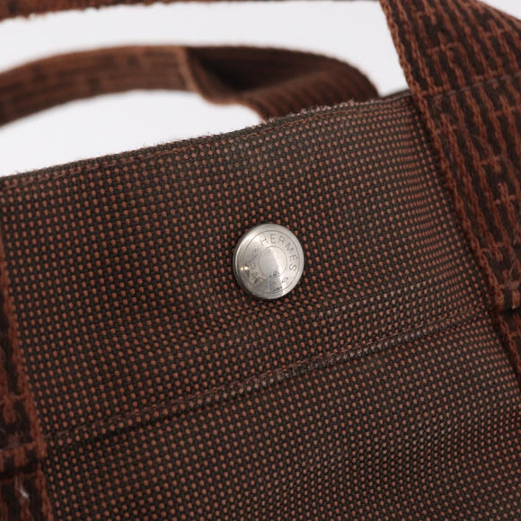 HERMES Her Line MM Hand Bag Canvas Brown Silver Auth 209350