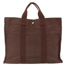 HERMES Her Line MM Hand Bag Canvas Brown Silver Auth 209350-3