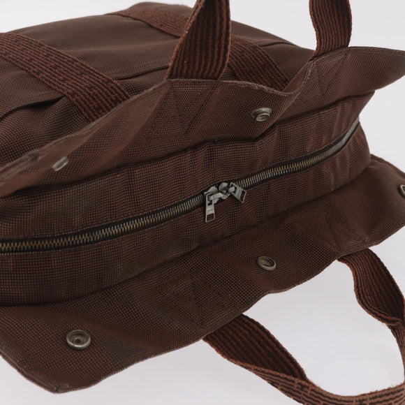 HERMES Her Line MM Hand Bag Canvas Brown Silver Auth 209350