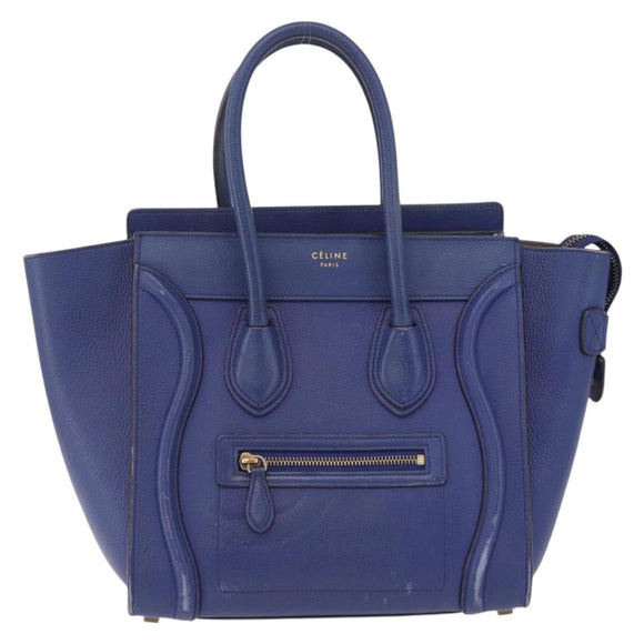 CELINE Luggage Micro Shopper Hand Bag Leather Blue Gold Auth 209428