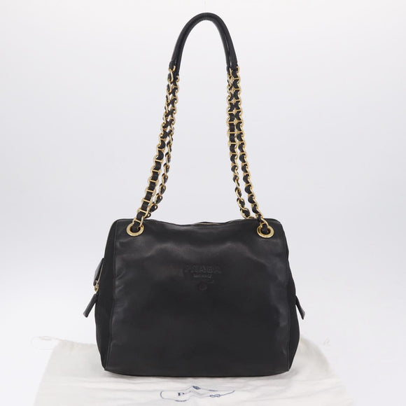 PRADA Chain Shoulder Bag Leather Black Gold Auth 209449V