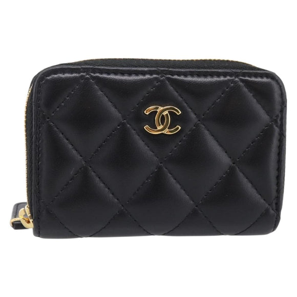 CHANEL Matelasse Card Case Lamb Skin Black Gold CC Auth 209470SAM