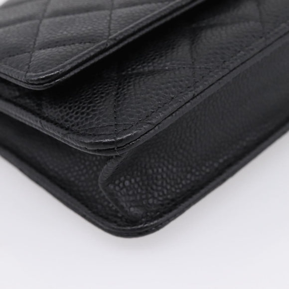 CHANEL Matelasse ChainShoulder Wallet Caviar Skin Black Gold CC Auth 209471SAM