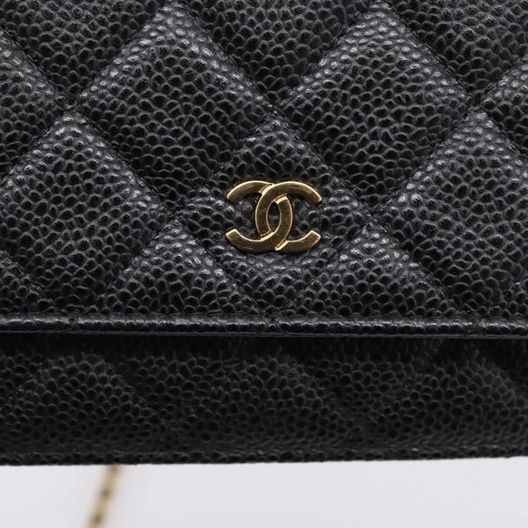 CHANEL Matelasse ChainShoulder Wallet Caviar Skin Black Gold CC Auth 209471SAM
