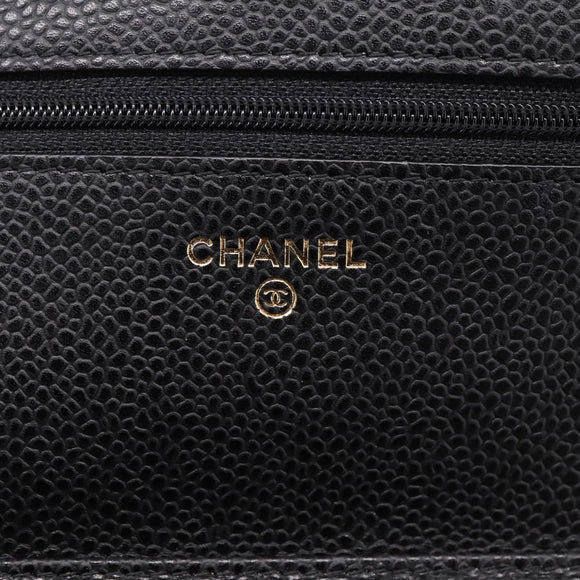 CHANEL Matelasse ChainShoulder Wallet Caviar Skin Black Gold CC Auth 209471SAM