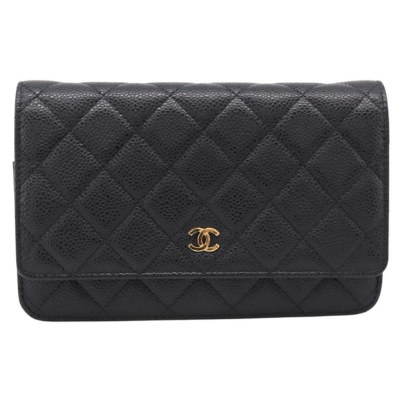 CHANEL Matelasse ChainShoulder Wallet Caviar Skin Black Gold CC Auth 209471SAM