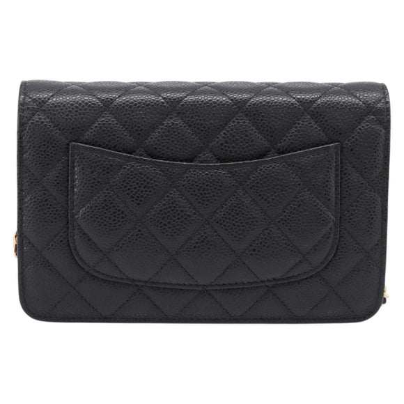 CHANEL Matelasse ChainShoulder Wallet Caviar Skin Black Gold CC Auth 209471SAM