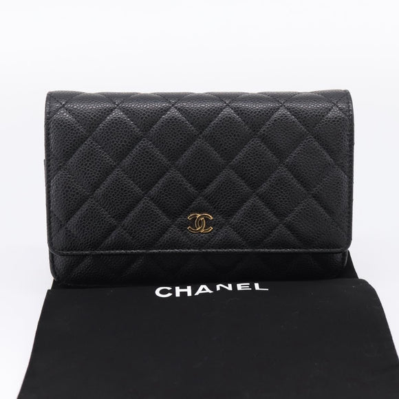 CHANEL Matelasse ChainShoulder Wallet Caviar Skin Black Gold CC Auth 209471SAM
