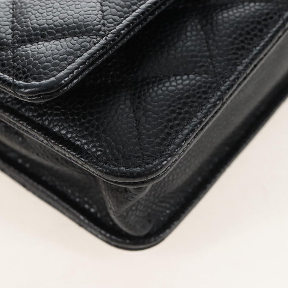CHANEL Matelasse Chain Shoulder Wallet Caviar Skin Black Gold CC Auth 209472SAM