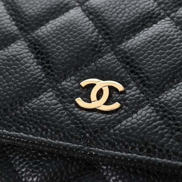 CHANEL Matelasse Chain Shoulder Wallet Caviar Skin Black Gold CC Auth 209472SAM