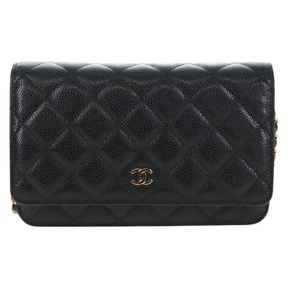 CHANEL Matelasse Chain Shoulder Wallet Caviar Skin Black Gold CC Auth 209472SAM