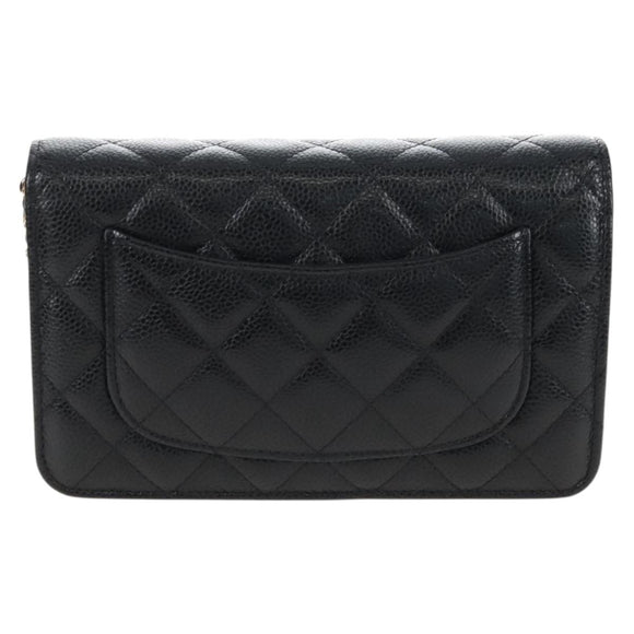 CHANEL Matelasse Chain Shoulder Wallet Caviar Skin Black Gold CC Auth 209472SAM