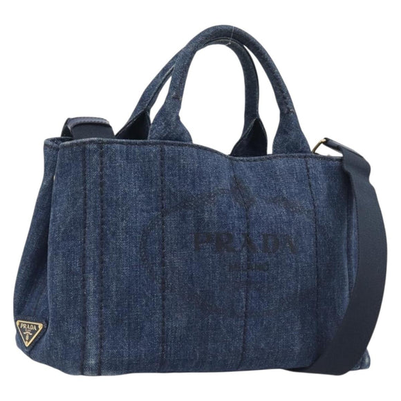 PRADA Canapa Hand Bag Denim 2way Blue Gold Auth 209488V