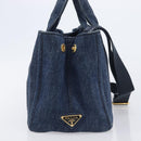 PRADA Canapa Hand Bag Denim 2way Blue Gold Auth 209488V-4