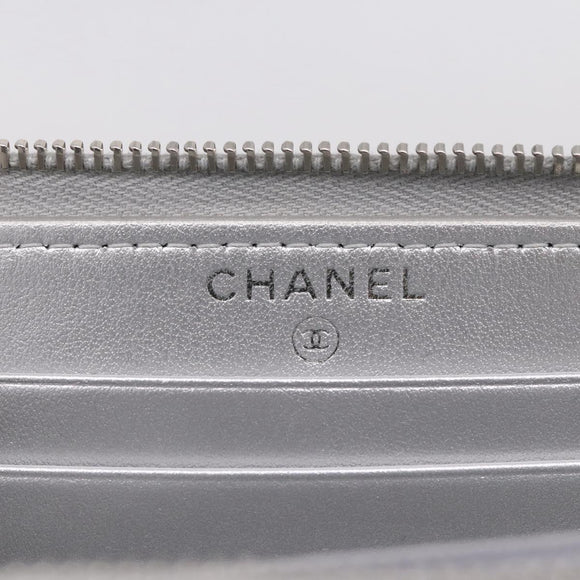 CHANEL Long Wallet Leather Silver CC Auth 209498V