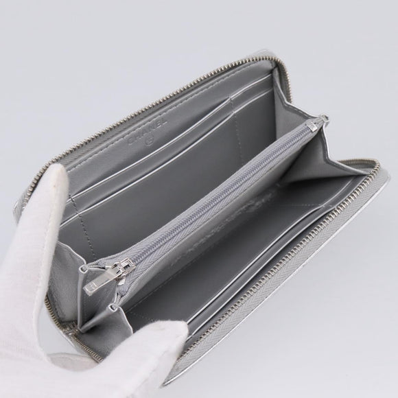 CHANEL Long Wallet Leather Silver CC Auth 209498V
