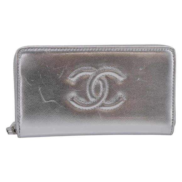 CHANEL Long Wallet Leather Silver CC Auth 209498V