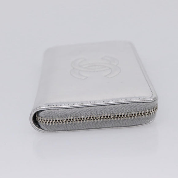 CHANEL Long Wallet Leather Silver CC Auth 209498V