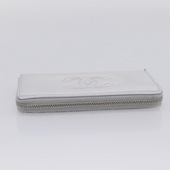 CHANEL Long Wallet Leather Silver CC Auth 209498V