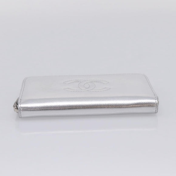 CHANEL Long Wallet Leather Silver CC Auth 209498V