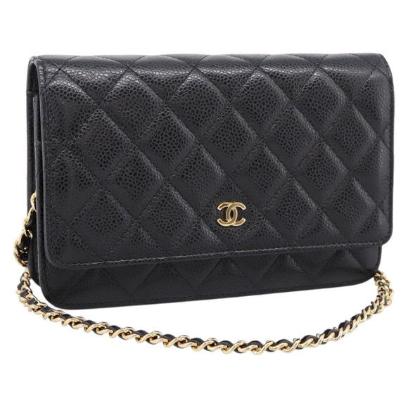CHANEL Matelasse ChainShoulder Pouch Caviar Skin Black Gold CC Auth 209506SAM