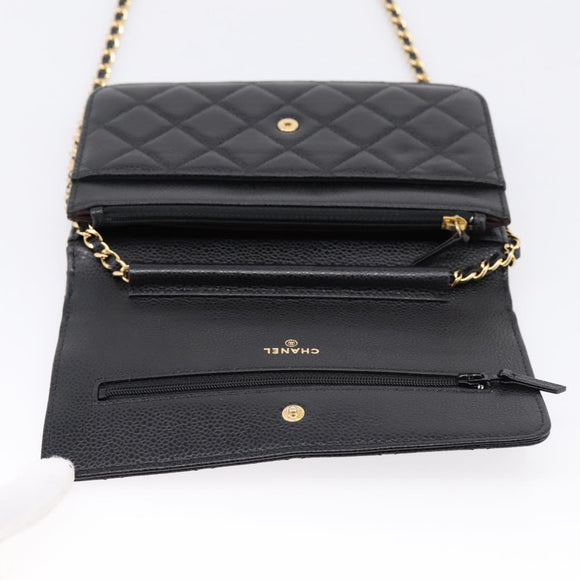 CHANEL Matelasse ChainShoulder Pouch Caviar Skin Black Gold CC Auth 209506SAM