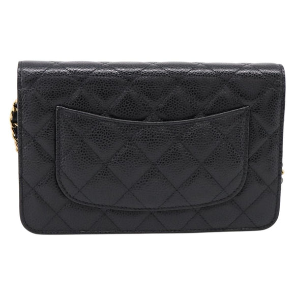 CHANEL Matelasse ChainShoulder Pouch Caviar Skin Black Gold CC Auth 209506SAM