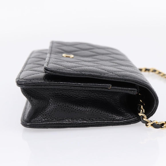 CHANEL Matelasse ChainShoulder Pouch Caviar Skin Black Gold CC Auth 209506SAM
