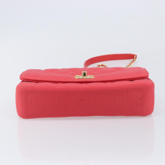 CHANEL Matelasse Chain Shoulder Bag Cotton Jersey Red Gold CC Auth 209509SAM