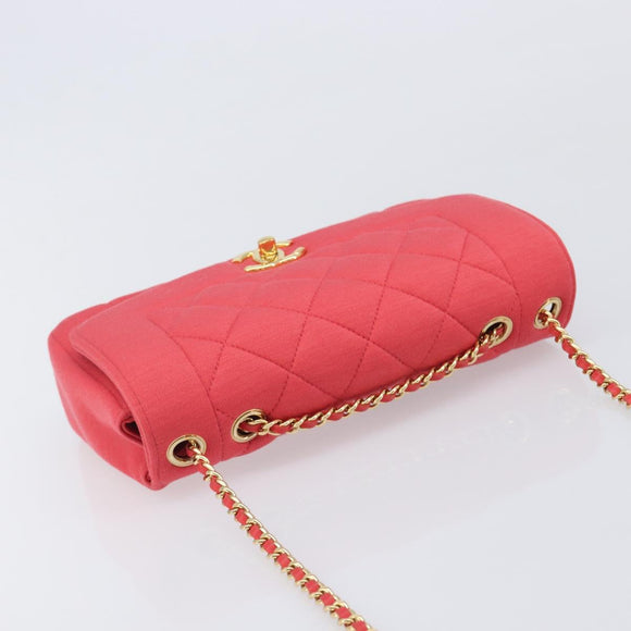 CHANEL Matelasse Chain Shoulder Bag Cotton Jersey Red Gold CC Auth 209509SAM