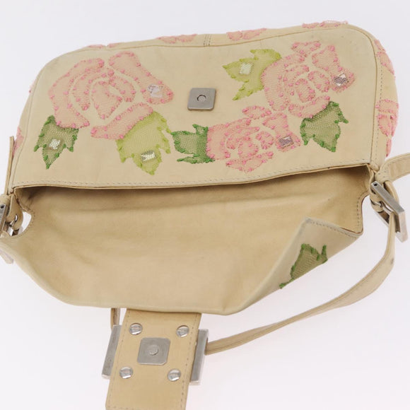 FENDI Mamma Baguette Shoulder Bag Leather Beige Silver 2624 Auth 209546SAM
